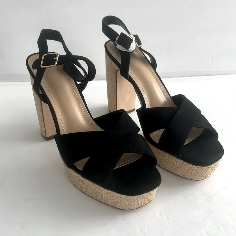 JUSTFAB Tina Crossover Platform Sandal Black Chunky Block Heel Shoes Size 10 New